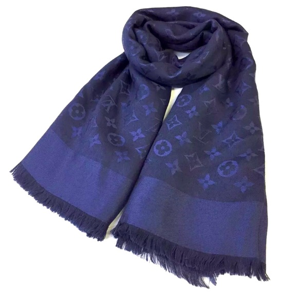 Auth Louis Vuitton LV Night Blue Monogram Silk Wool Shawl Scarf Wrap Sto… - Picture 1 of 12